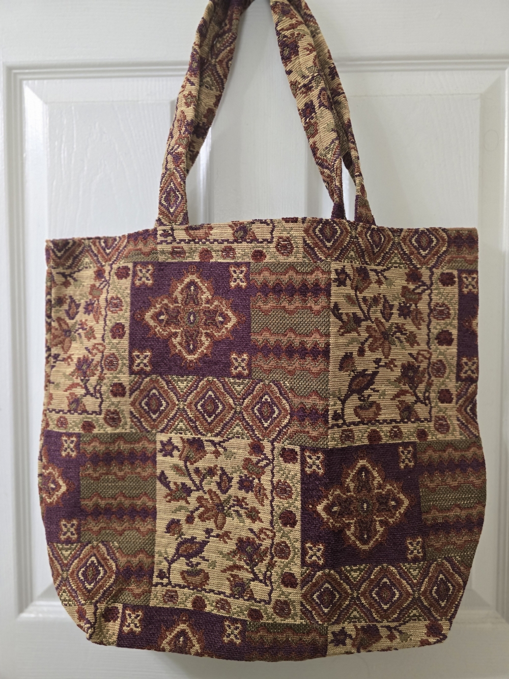 Upholstery Fabric Tote Bag in Burgundy, Green, and Tan